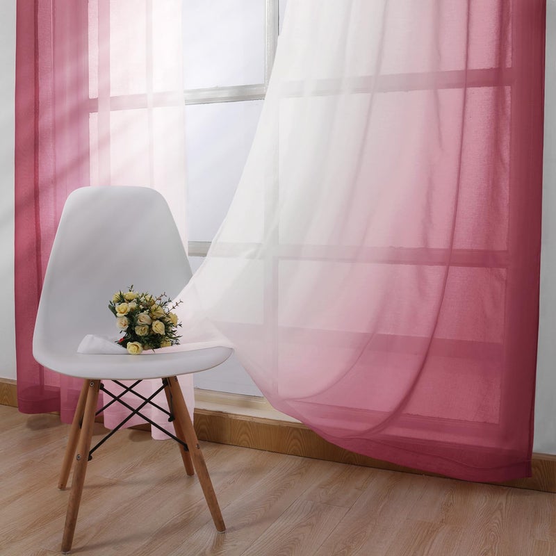 DWCN Faux Linen Ombre Sheer Curtains - Semi Voile Gradient Grommet Top Curtains for Bedroom and Living Room, Set of 2 Window Curtain Panels, 52 x 84 Inches Long, Burgundy - Image 3